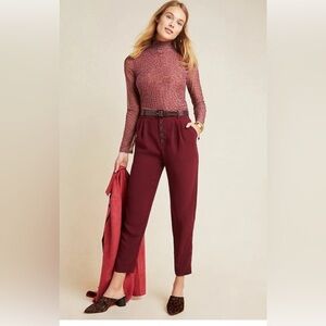 By Anthropologie Sasha Button-Fly Tapered Ankle Trousers burgundy wine red Sz 0